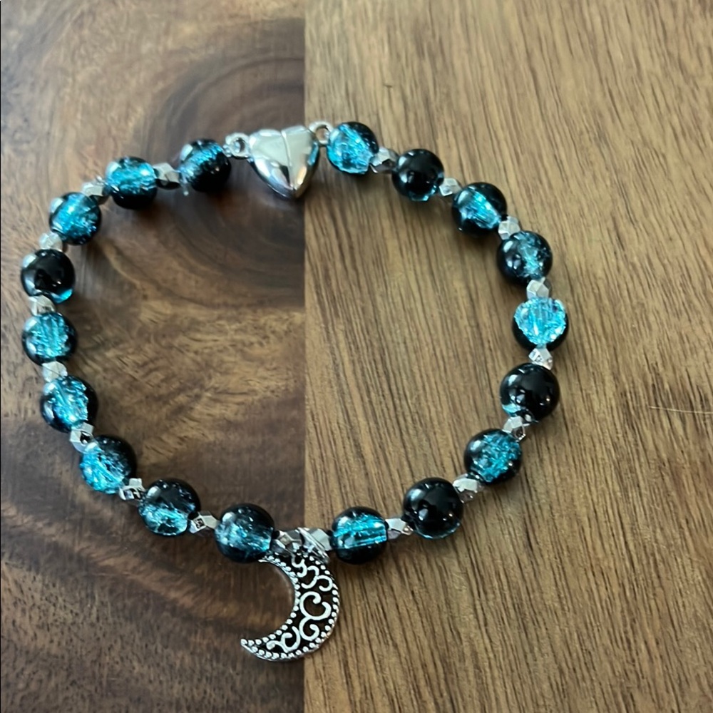 Elegant Blue and Black Beaded Bracelet with Moon Charm Jewelry